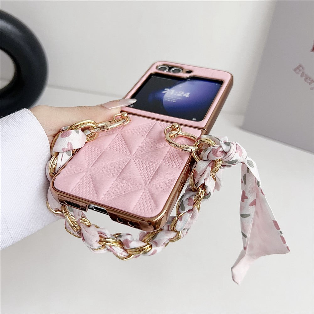 For Samsung Galaxy Z Flip7 FE 5G / Z Flip6 5G / Z Flip5 5G Case Grid Texture Leather + PC Bracelet Phone Cover - Black
