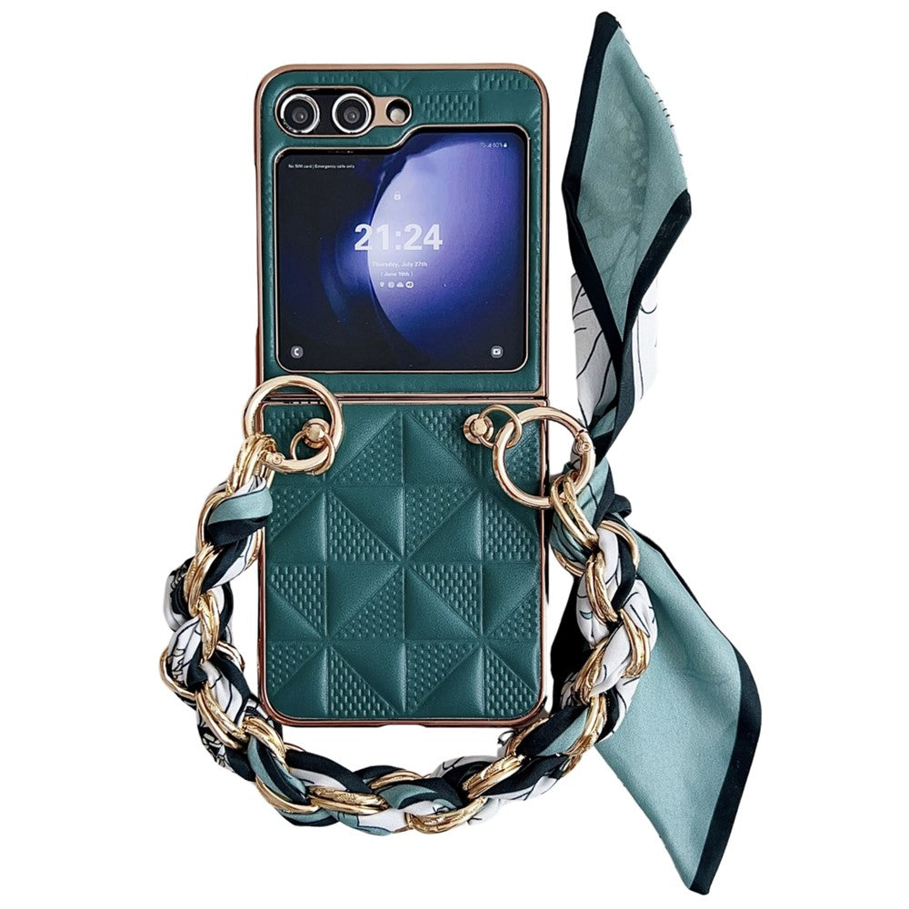 For Samsung Galaxy Z Flip7 FE 5G / Z Flip6 5G / Z Flip5 5G Case Grid Texture Leather + PC Bracelet Phone Cover - Dark Green