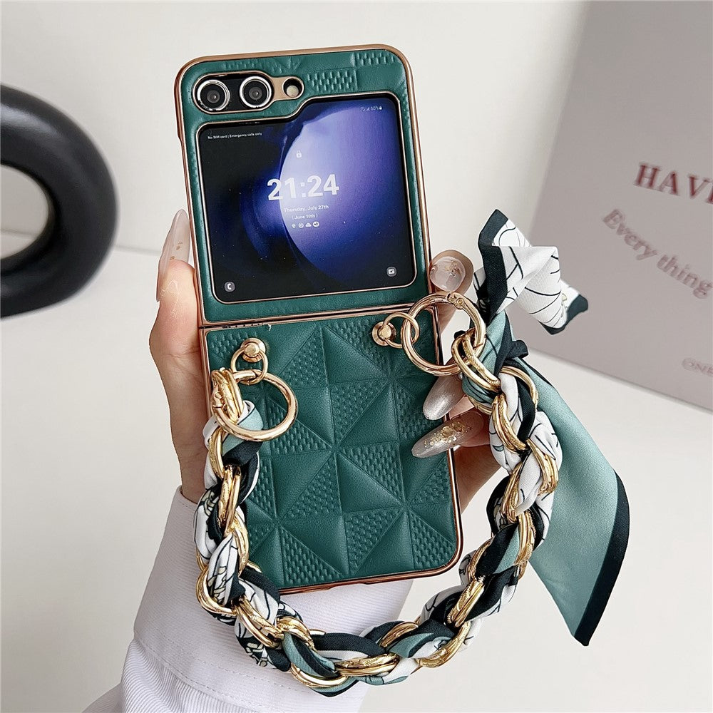 For Samsung Galaxy Z Flip7 FE 5G / Z Flip6 5G / Z Flip5 5G Case Grid Texture Leather + PC Bracelet Phone Cover - Dark Green