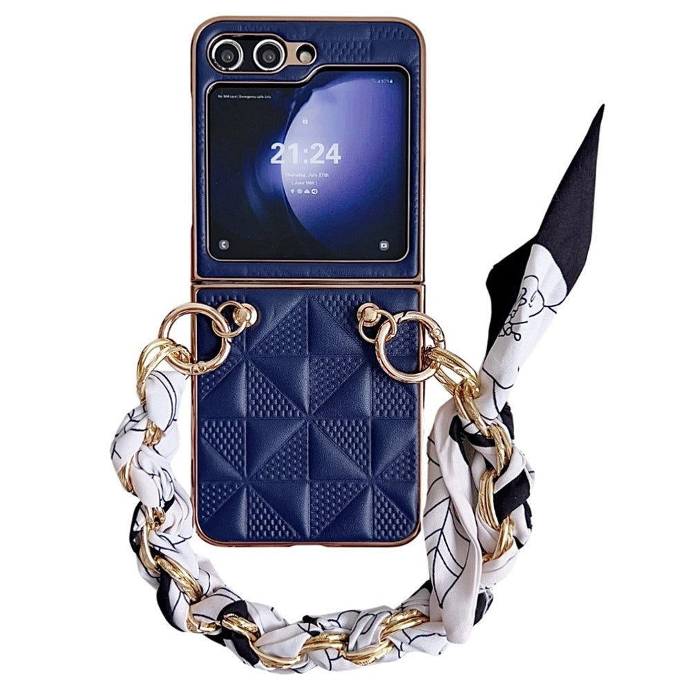 For Samsung Galaxy Z Flip7 FE 5G / Z Flip6 5G / Z Flip5 5G Case Grid Texture Leather + PC Bracelet Phone Cover - Sapphire