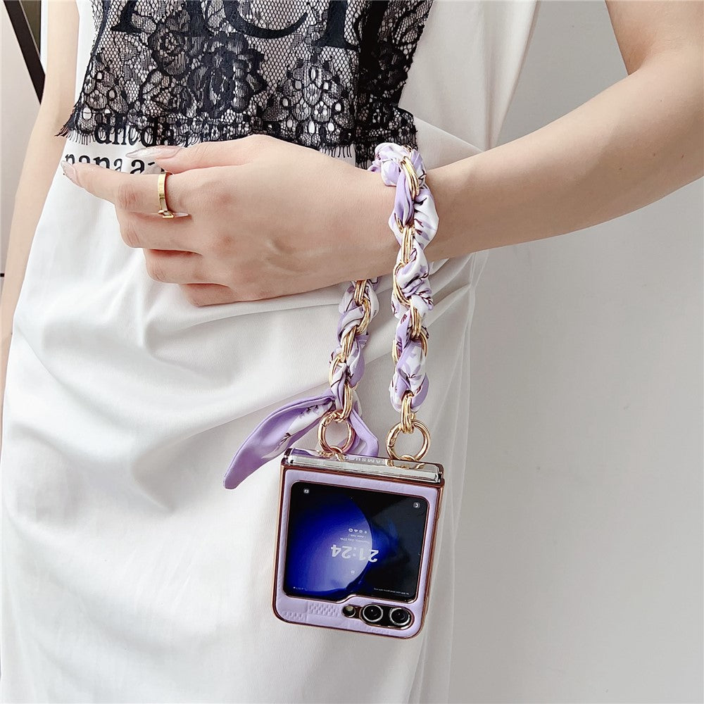 For Samsung Galaxy Z Flip7 FE 5G / Z Flip6 5G / Z Flip5 5G Case Grid Texture Leather + PC Bracelet Phone Cover - Sapphire