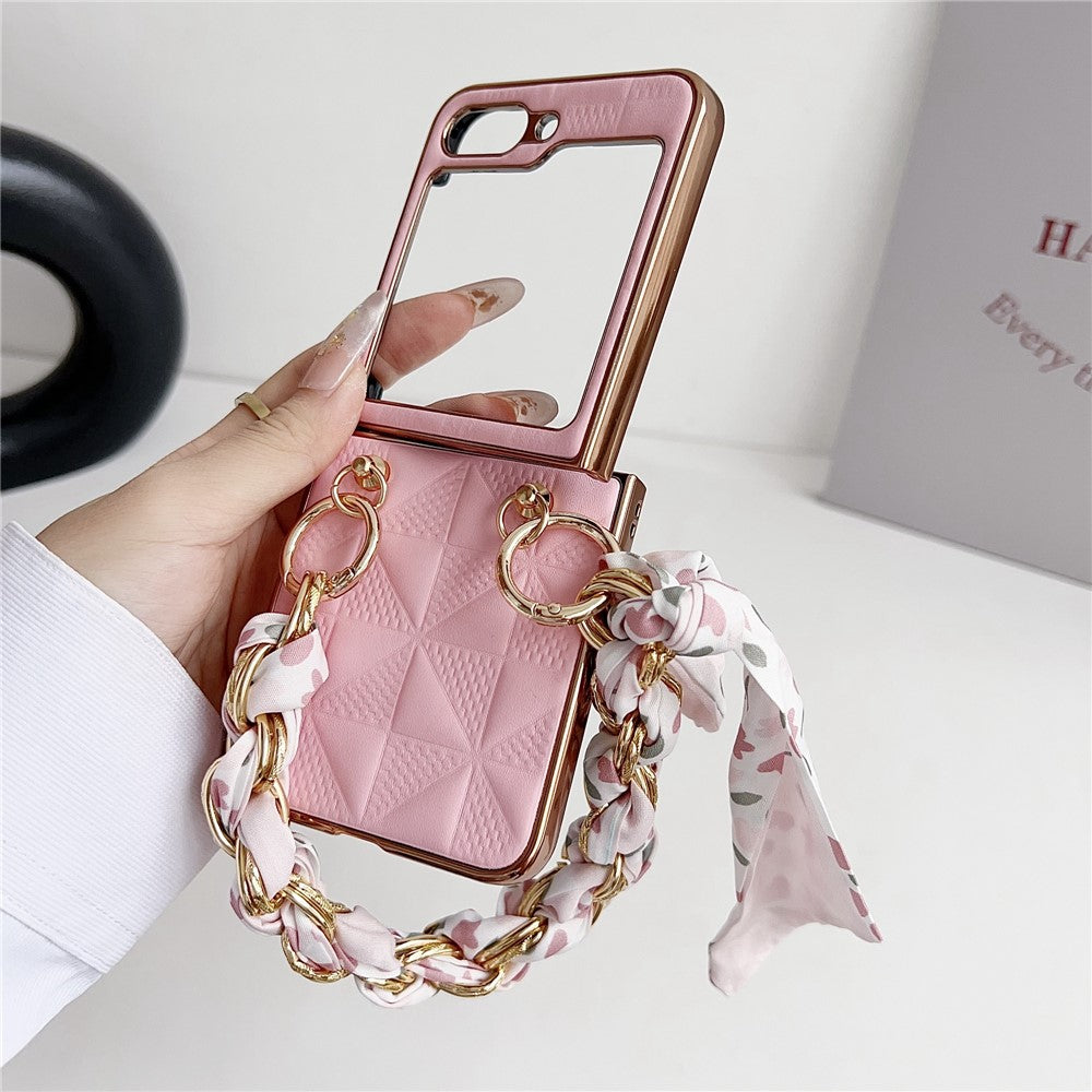 For Samsung Galaxy Z Flip7 FE 5G / Z Flip6 5G / Z Flip5 5G Case Grid Texture Leather + PC Bracelet Phone Cover - Sapphire