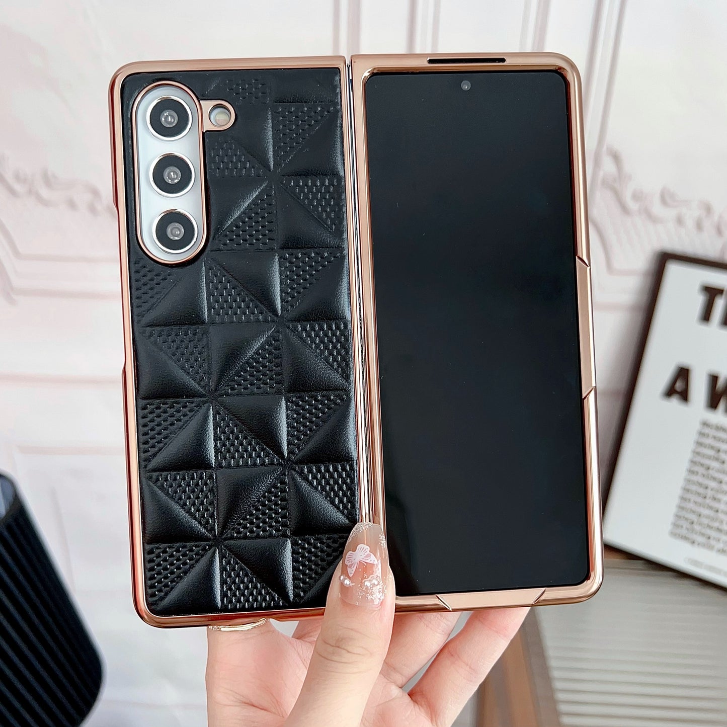 For Samsung Galaxy Z Fold6 5G Case Grid Pattern PU Leather+PC Electroplating Phone Cover - Black