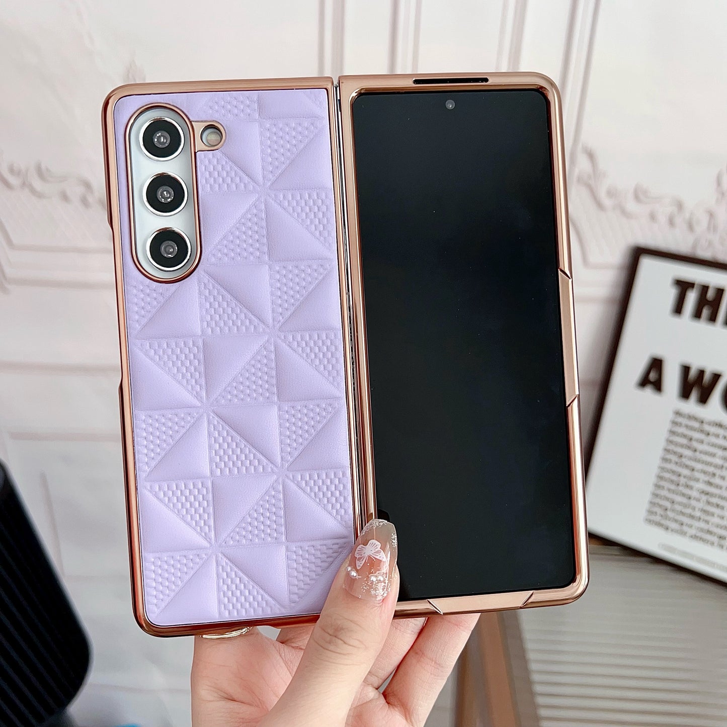 For Samsung Galaxy Z Fold6 5G Case Grid Pattern PU Leather+PC Electroplating Phone Cover - Purple