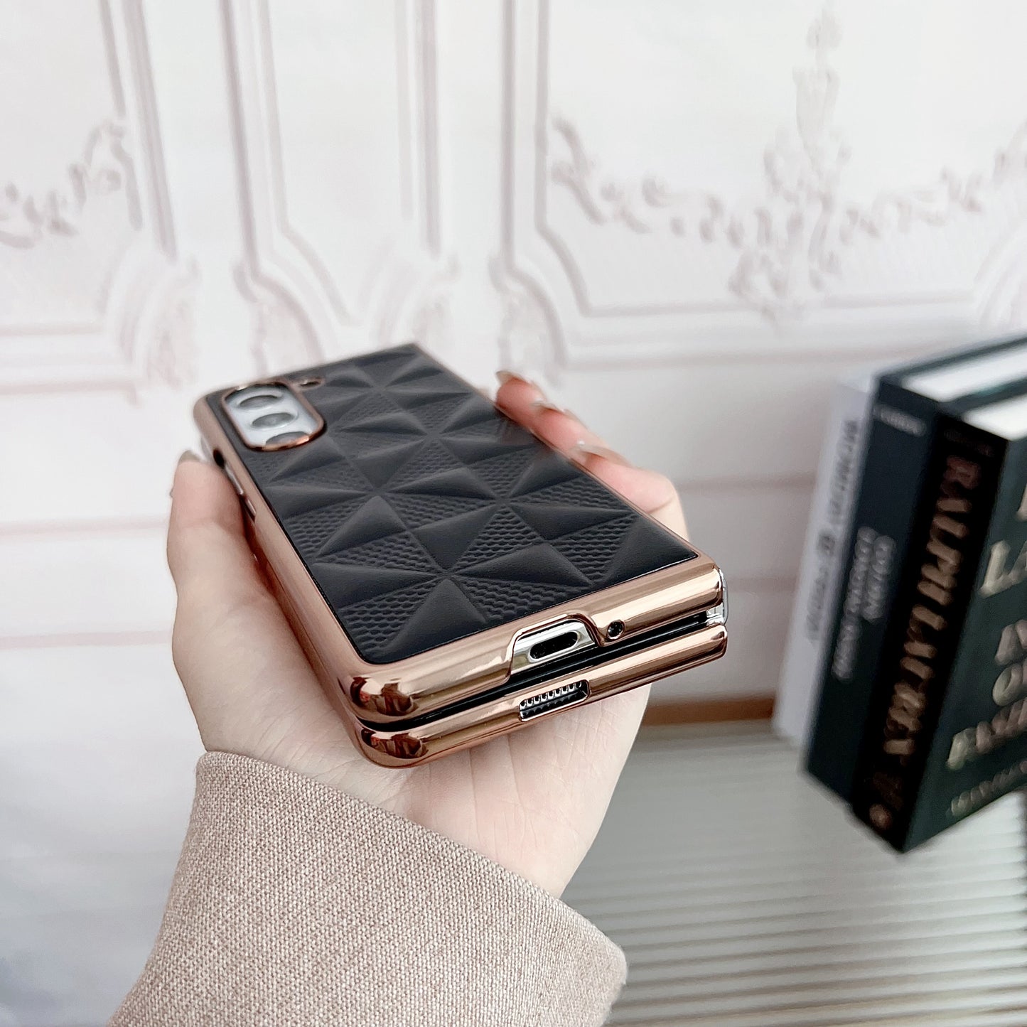 For Samsung Galaxy Z Fold6 5G Case Grid Pattern PU Leather+PC Electroplating Phone Cover - Dark Green