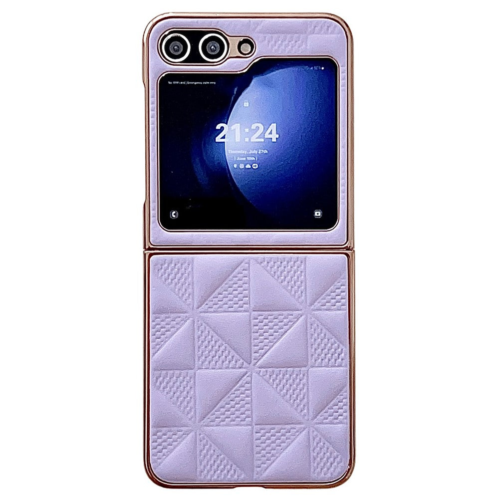 For Samsung Galaxy Z Flip7 FE 5G / Z Flip6 5G / Z Flip5 5G Case Electroplating Frame Leather + PC Grid Texture Phone Cover - Purple