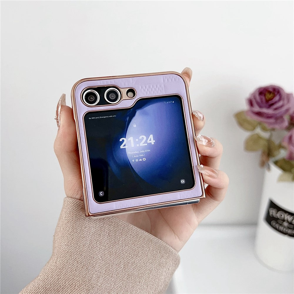 For Samsung Galaxy Z Flip7 FE 5G / Z Flip6 5G / Z Flip5 5G Case Electroplating Frame Leather + PC Grid Texture Phone Cover - Purple