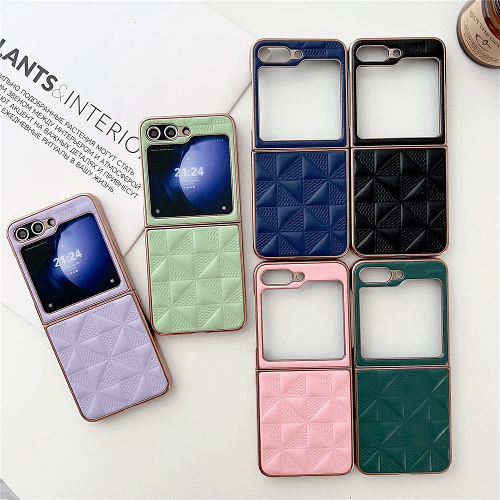 For Samsung Galaxy Z Flip7 FE 5G / Z Flip6 5G / Z Flip5 5G Case Electroplating Frame Leather + PC Grid Texture Phone Cover - Purple