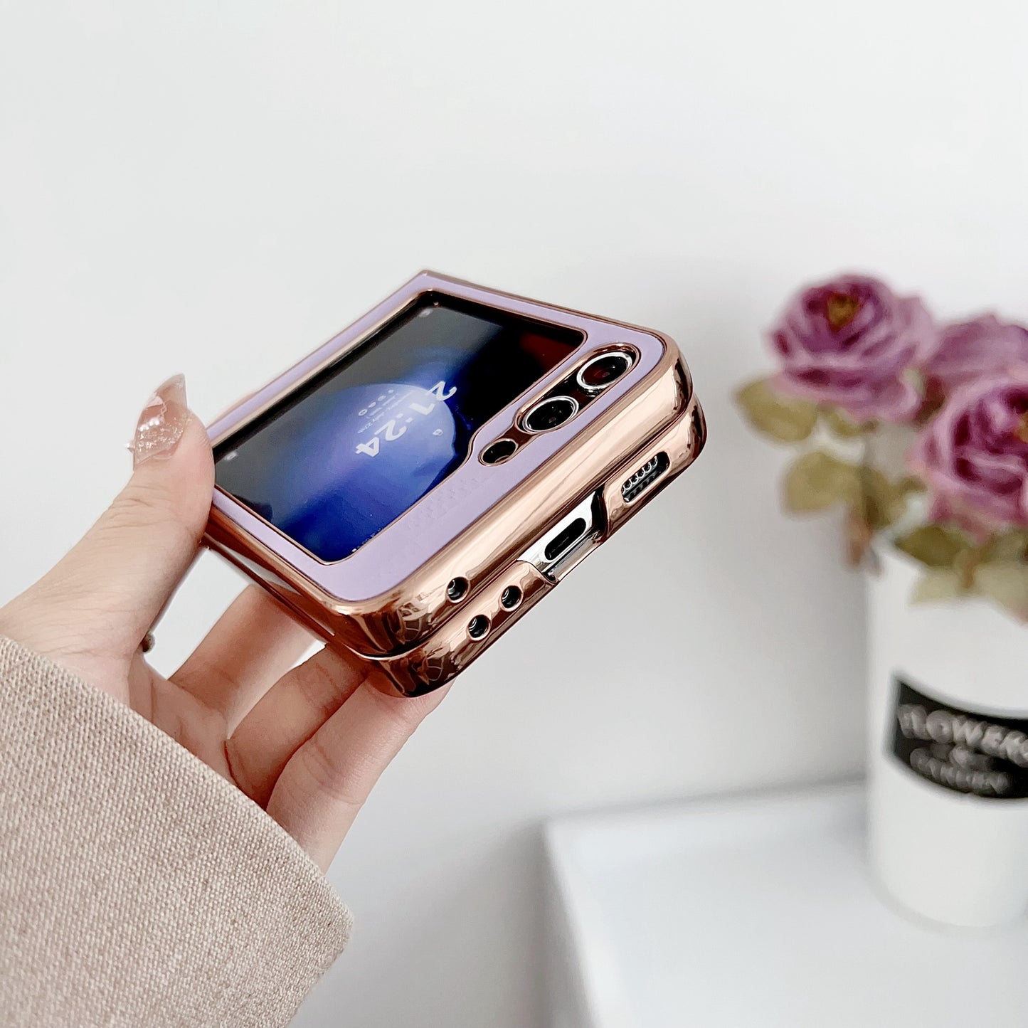 For Samsung Galaxy Z Flip6 5G Case Electroplating Frame Leather + PC Grid Texture Phone Cover - Black