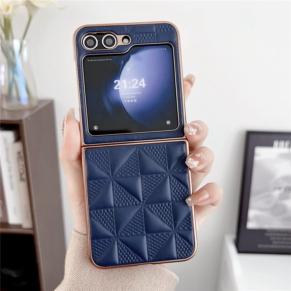 For Samsung Galaxy Z Flip7 FE 5G / Z Flip6 5G / Z Flip5 5G Case Electroplating Frame Leather + PC Grid Texture Phone Cover - Sapphire