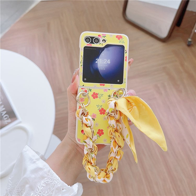 For Samsung Galaxy Z Flip5 5G Flower Pattern PU Leather+PC Cell Phone Cover with Silk Scarf Chain - Yellow
