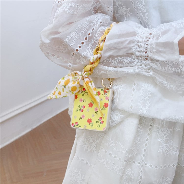 For Samsung Galaxy Z Flip5 5G Flower Pattern PU Leather+PC Cell Phone Cover with Silk Scarf Chain - Yellow