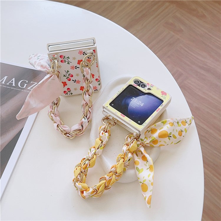 For Samsung Galaxy Z Flip5 5G Flower Pattern PU Leather+PC Cell Phone Cover with Silk Scarf Chain - Yellow