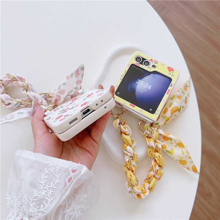 For Samsung Galaxy Z Flip5 5G Flower Pattern PU Leather+PC Cell Phone Cover with Silk Scarf Chain - Yellow