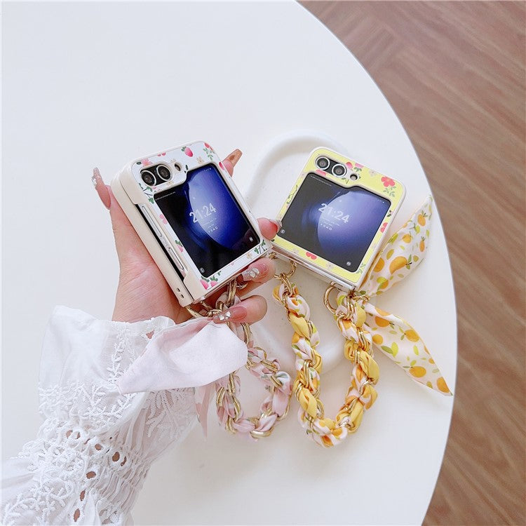 For Samsung Galaxy Z Flip5 5G Flower Pattern PU Leather+PC Cell Phone Cover with Silk Scarf Chain - Yellow