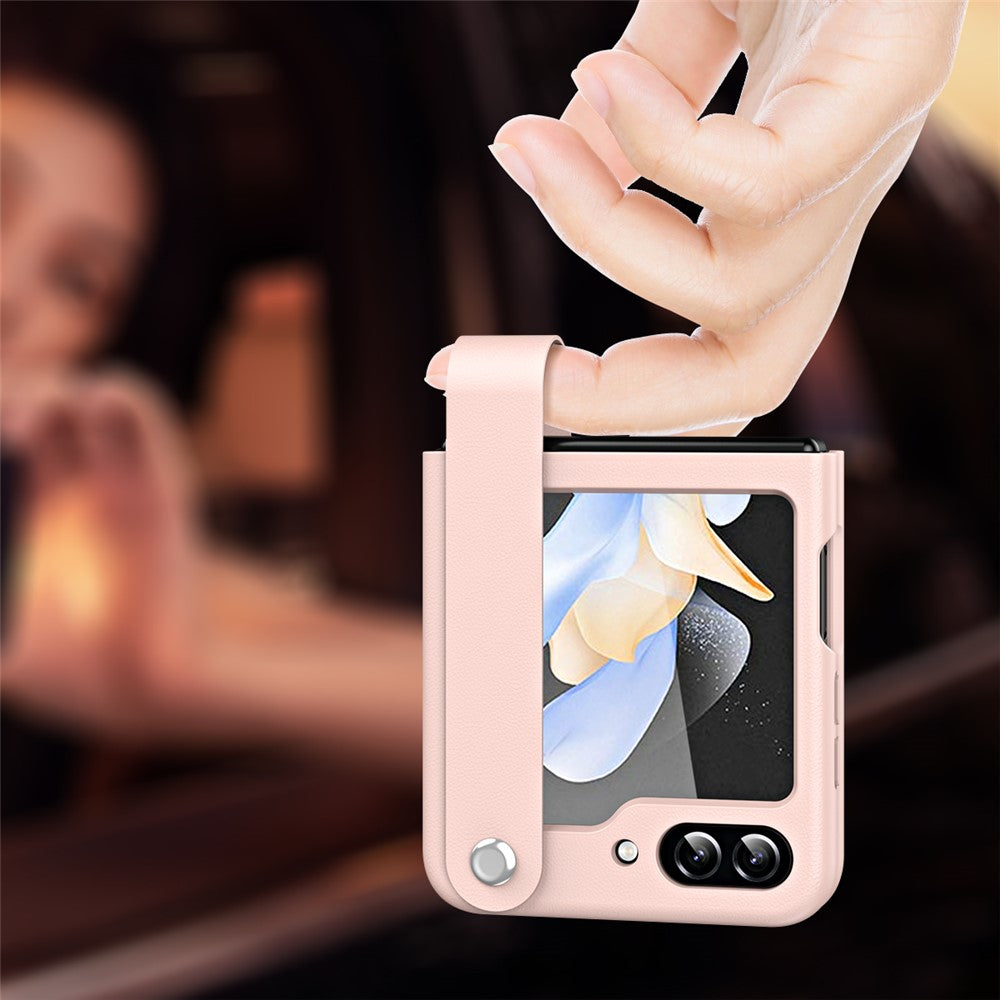 For Samsung Galaxy Z Flip7 FE 5G / Z Flip6 5G / Z Flip5 5G Case PU Leather + PC Phone Cover with Grip Strap - Black