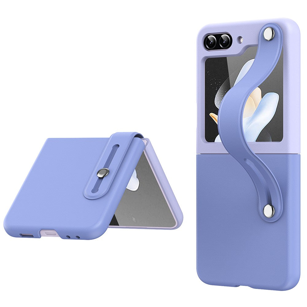 For Samsung Galaxy Z Flip7 FE 5G / Z Flip6 5G / Z Flip5 5G PU+PC Case Dual Color Hand Strap Kickstand Phone Cover - Sky Blue / Light Purple