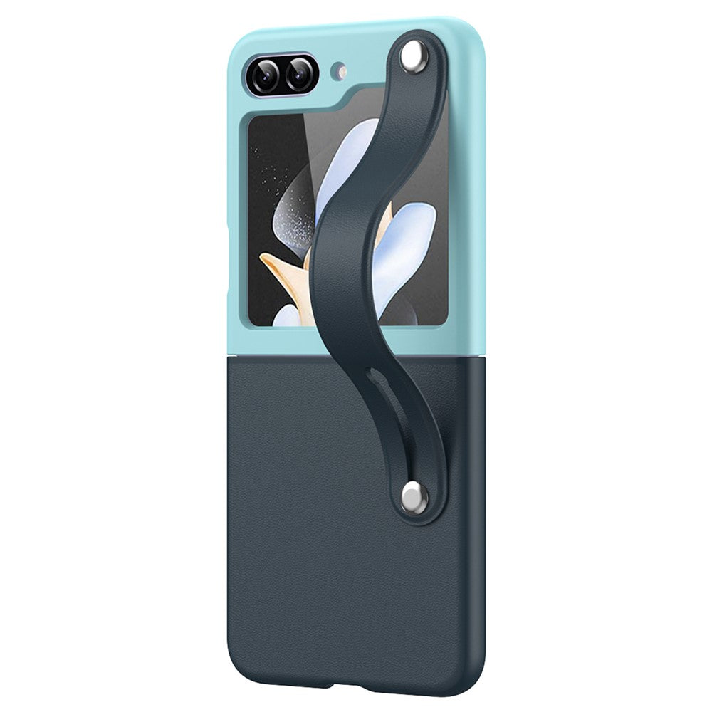 For Samsung Galaxy Z Flip7 FE 5G / Z Flip6 5G / Z Flip5 5G PU+PC Case Dual Color Hand Strap Kickstand Phone Cover - Dark Blue / Baby Blue