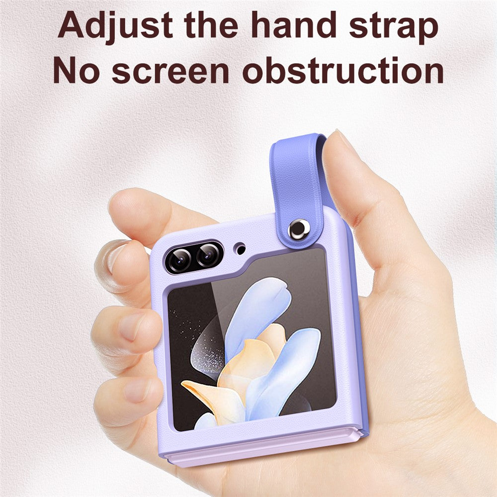 For Samsung Galaxy Z Flip7 FE 5G / Z Flip6 5G / Z Flip5 5G PU+PC Case Dual Color Hand Strap Kickstand Phone Cover - Dark Blue / Baby Blue