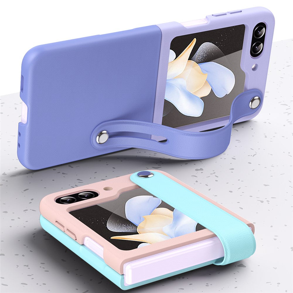 For Samsung Galaxy Z Flip7 FE 5G / Z Flip6 5G / Z Flip5 5G PU+PC Case Dual Color Hand Strap Kickstand Phone Cover - Dark Blue / Baby Blue