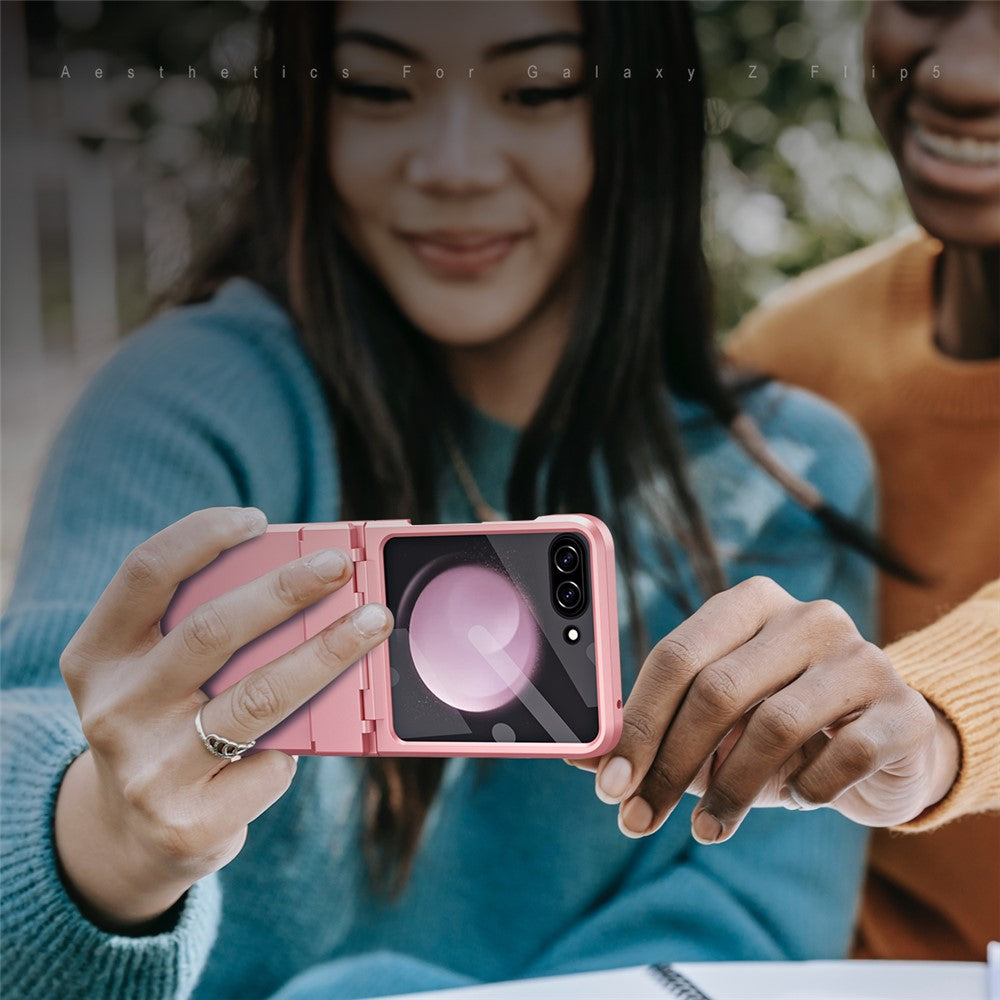 For Samsung Galaxy Z Flip7 FE 5G / Z Flip6 5G / Z Flip5 5G Case Hard PC Non-Slip Phone Cover with Tempered Glass Film - Pink