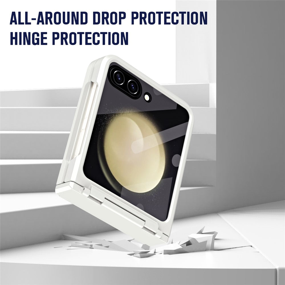 For Samsung Galaxy Z Flip7 FE 5G / Z Flip6 5G / Z Flip5 5G Case Hard PC Non-Slip Phone Cover with Tempered Glass Film - White