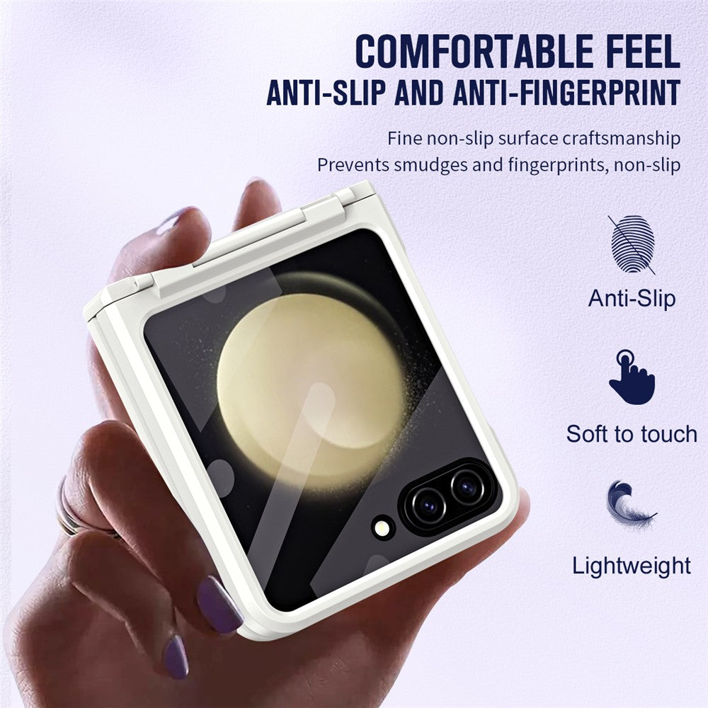 For Samsung Galaxy Z Flip7 FE 5G / Z Flip6 5G / Z Flip5 5G Case Hard PC Non-Slip Phone Cover with Tempered Glass Film - White