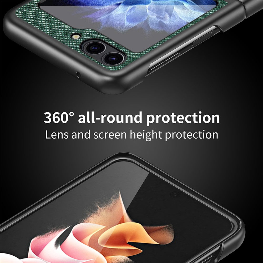 For Samsung Galaxy Z Flip7 FE 5G / Z Flip6 5G / Z Flip5 5G Case Shockproof Cross Texture PU Leather + PC Phone Cover - Green