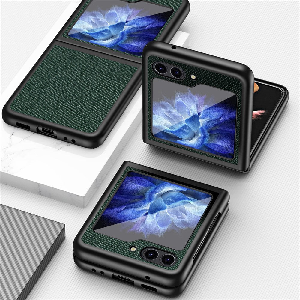 For Samsung Galaxy Z Flip7 FE 5G / Z Flip6 5G / Z Flip5 5G Case Shockproof Cross Texture PU Leather + PC Phone Cover - Black