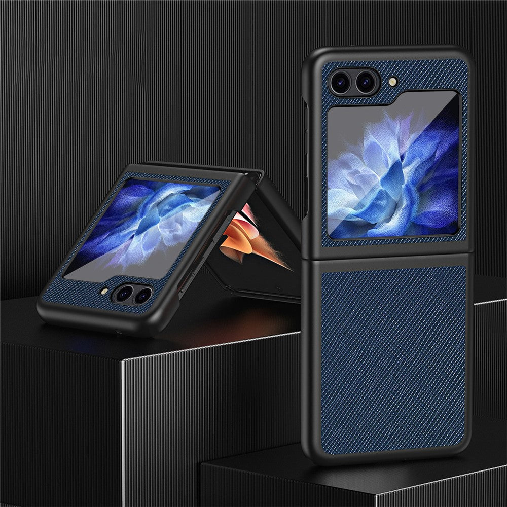 For Samsung Galaxy Z Flip7 FE 5G / Z Flip6 5G / Z Flip5 5G Case Shockproof Cross Texture PU Leather + PC Phone Cover - Blue