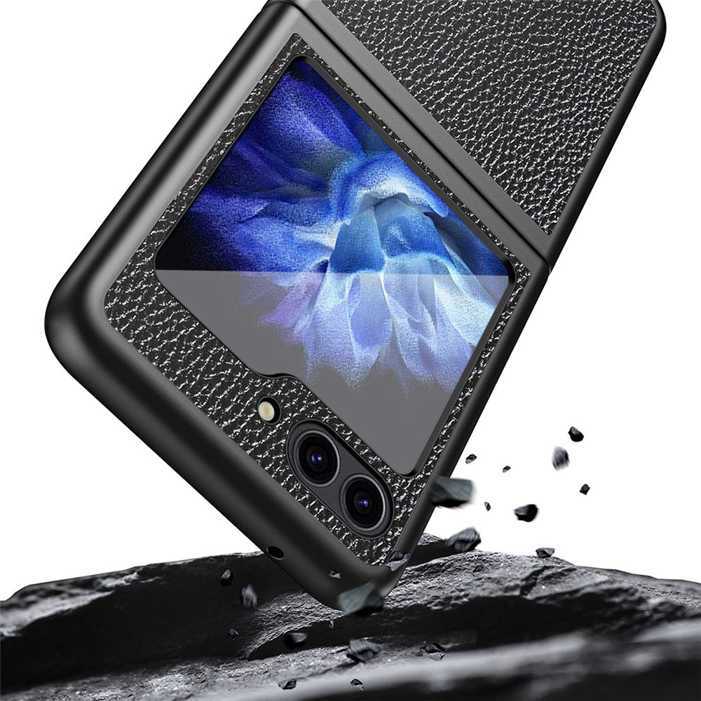 For Samsung Galaxy Z Flip7 FE 5G / Z Flip6 5G / Z Flip5 5G Case PU Leather+Hard PC Anti-Drop Phone Cover - Black