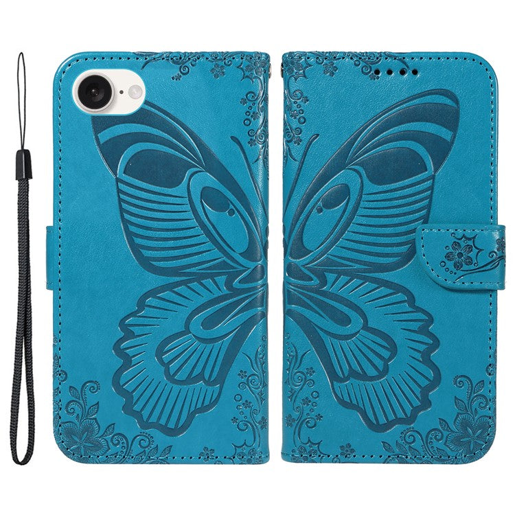 For iPhone 16e Case with Hand Strap Butterfly PU Leather Wallet Phone Cover - Blue