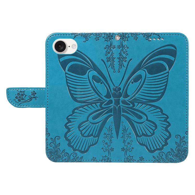 For iPhone 16e Case with Hand Strap Butterfly PU Leather Wallet Phone Cover - Blue