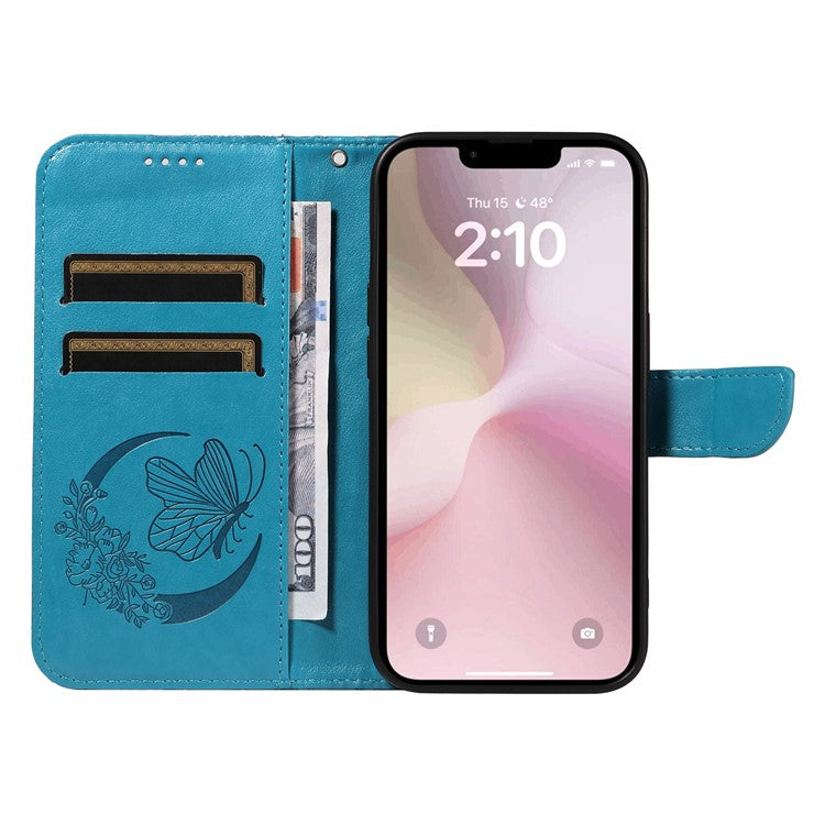 For iPhone 16e Case with Hand Strap Butterfly PU Leather Wallet Phone Cover - Blue