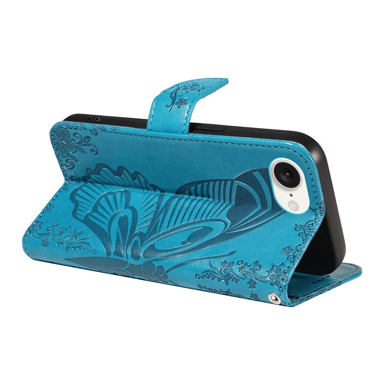 For iPhone 16e Case with Hand Strap Butterfly PU Leather Wallet Phone Cover - Blue