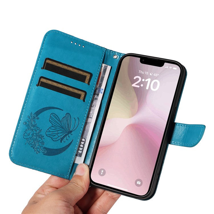For iPhone 16e Case with Hand Strap Butterfly PU Leather Wallet Phone Cover - Blue