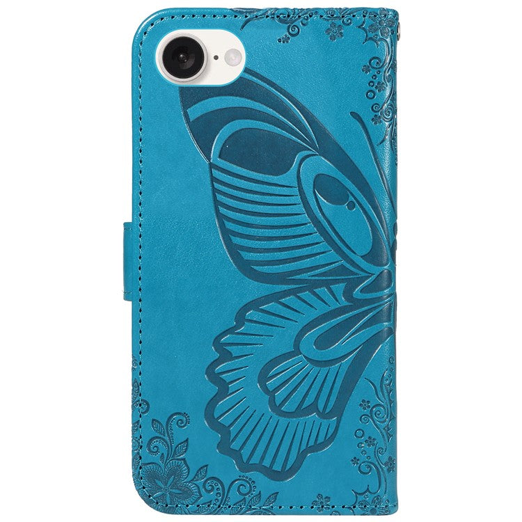 For iPhone 16e Case with Hand Strap Butterfly PU Leather Wallet Phone Cover - Blue