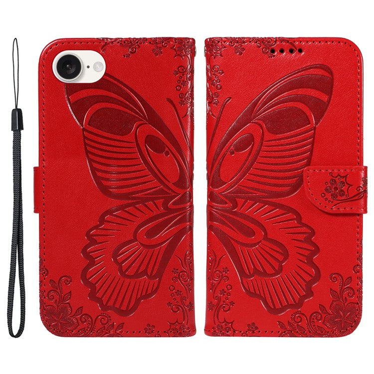 For iPhone 16e Case with Hand Strap Butterfly PU Leather Wallet Phone Cover - Red