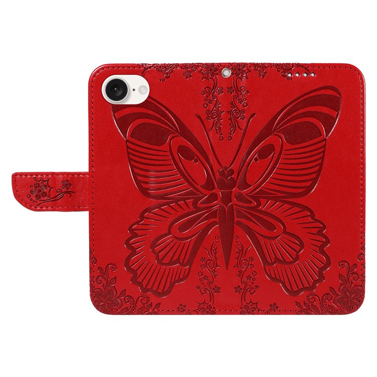 For iPhone 16e Case with Hand Strap Butterfly PU Leather Wallet Phone Cover - Red