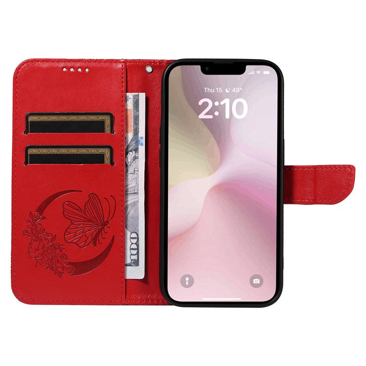 For iPhone 16e Case with Hand Strap Butterfly PU Leather Wallet Phone Cover - Red