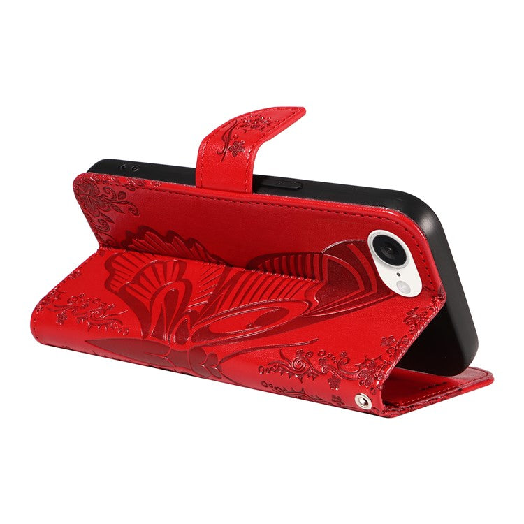 For iPhone 16e Case with Hand Strap Butterfly PU Leather Wallet Phone Cover - Red