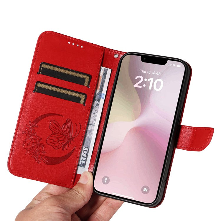 For iPhone 16e Case with Hand Strap Butterfly PU Leather Wallet Phone Cover - Red