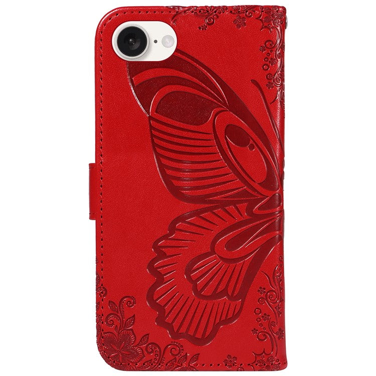 For iPhone 16e Case with Hand Strap Butterfly PU Leather Wallet Phone Cover - Red