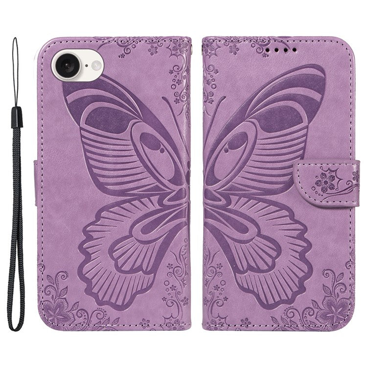 For iPhone 16e Case with Hand Strap Butterfly PU Leather Wallet Phone Cover - Light Purple