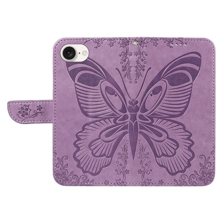 For iPhone 16e Case with Hand Strap Butterfly PU Leather Wallet Phone Cover - Light Purple