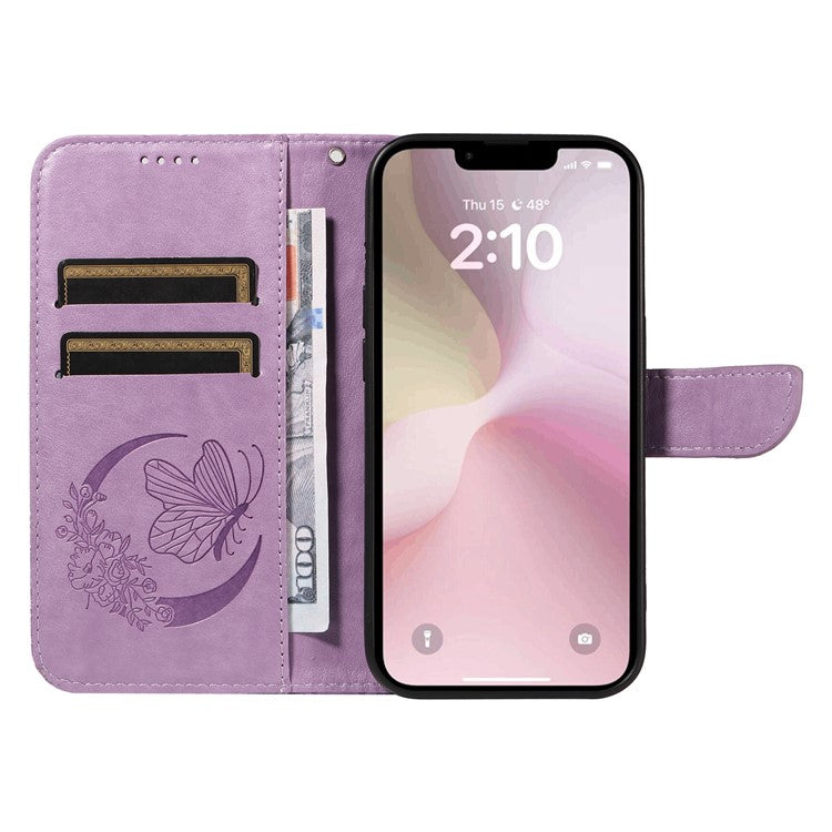 For iPhone 16e Case with Hand Strap Butterfly PU Leather Wallet Phone Cover - Light Purple