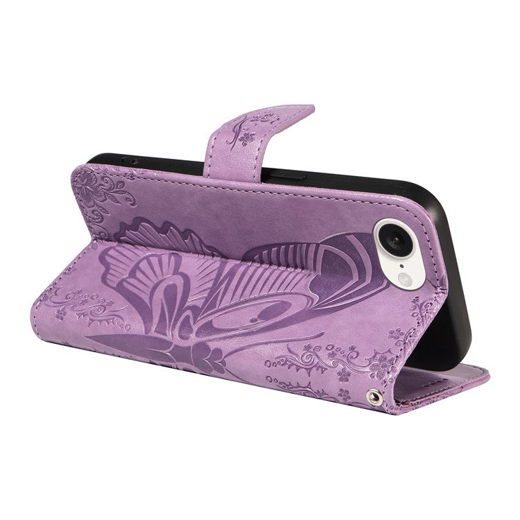 For iPhone 16e Case with Hand Strap Butterfly PU Leather Wallet Phone Cover - Light Purple