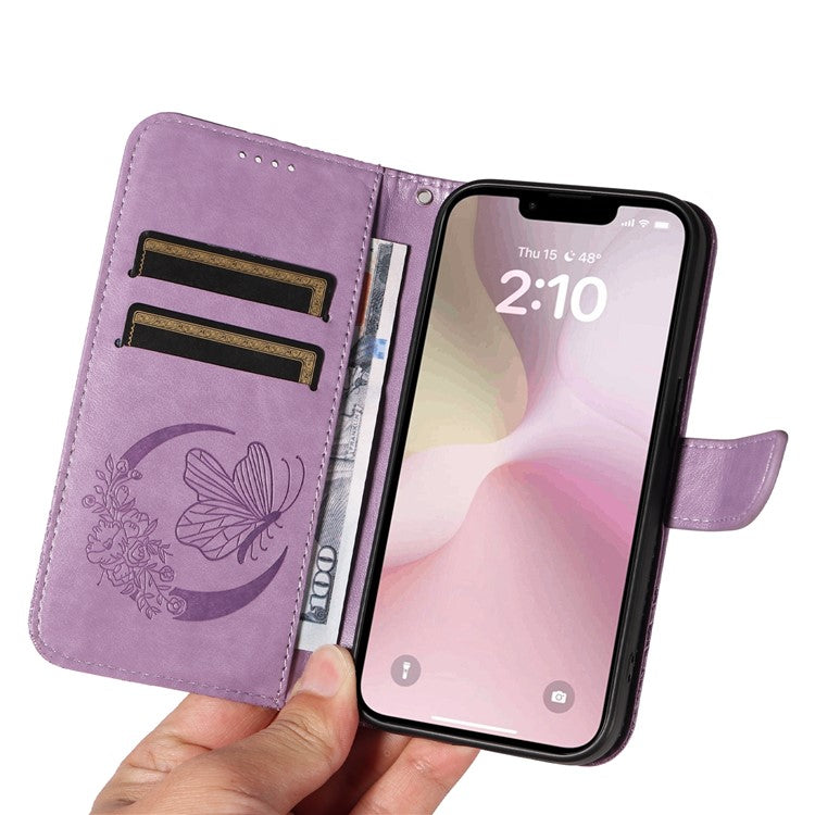 For iPhone 16e Case with Hand Strap Butterfly PU Leather Wallet Phone Cover - Light Purple