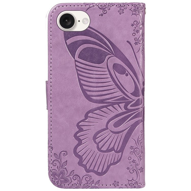 For iPhone 16e Case with Hand Strap Butterfly PU Leather Wallet Phone Cover - Light Purple