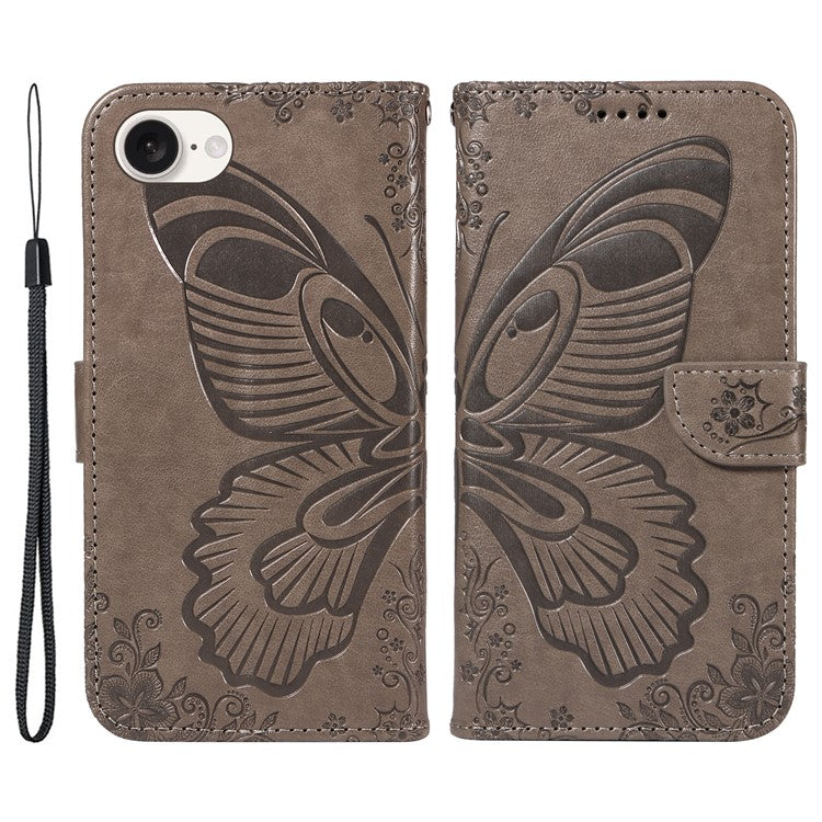 For iPhone 16e Case with Hand Strap Butterfly PU Leather Wallet Phone Cover - Grey